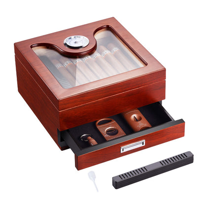 35 Cigar Humidor Glasstop Cedar Cigar Box Humidifier &amp; Hygrometer &amp; Drawer