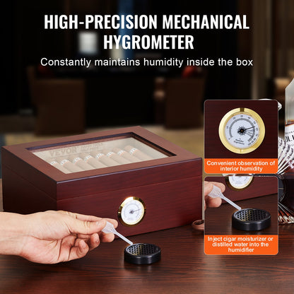 50 Cigars Humidor Glasstop Cedar Cigar Storage Box Humidifier Hygrometer