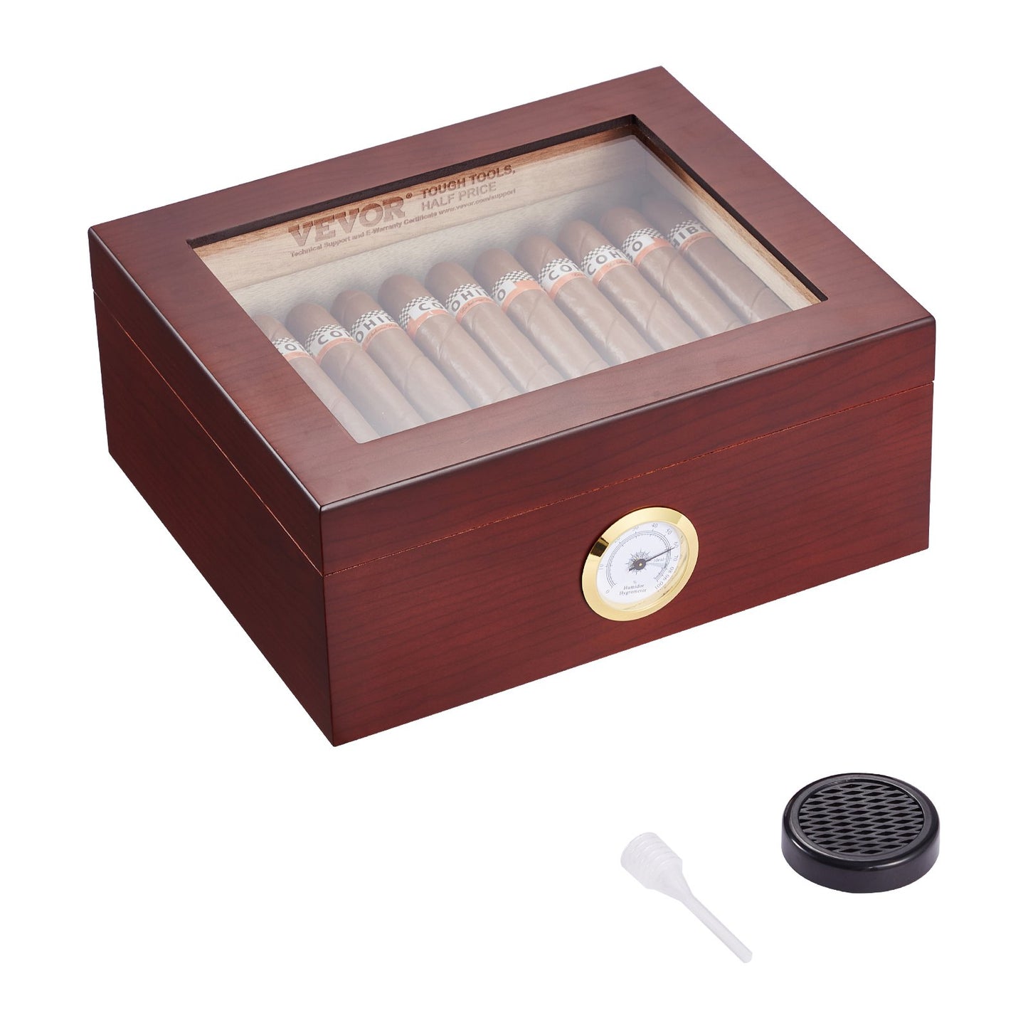 50 Cigars Humidor Glasstop Cedar Cigar Storage Box Humidifier Hygrometer