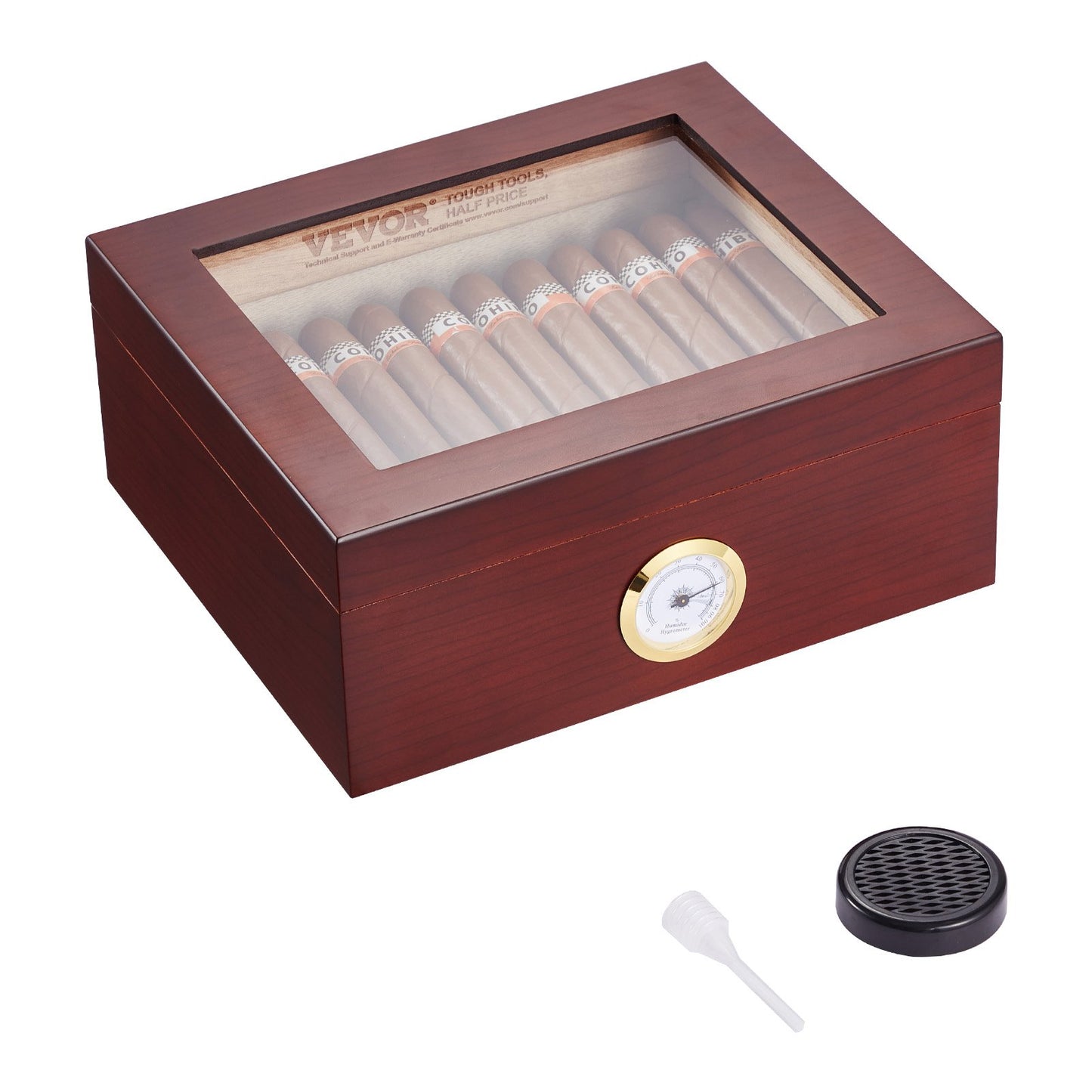 50 Cigars Humidor Glasstop Cedar Cigar Storage Box Humidifier Hygrometer