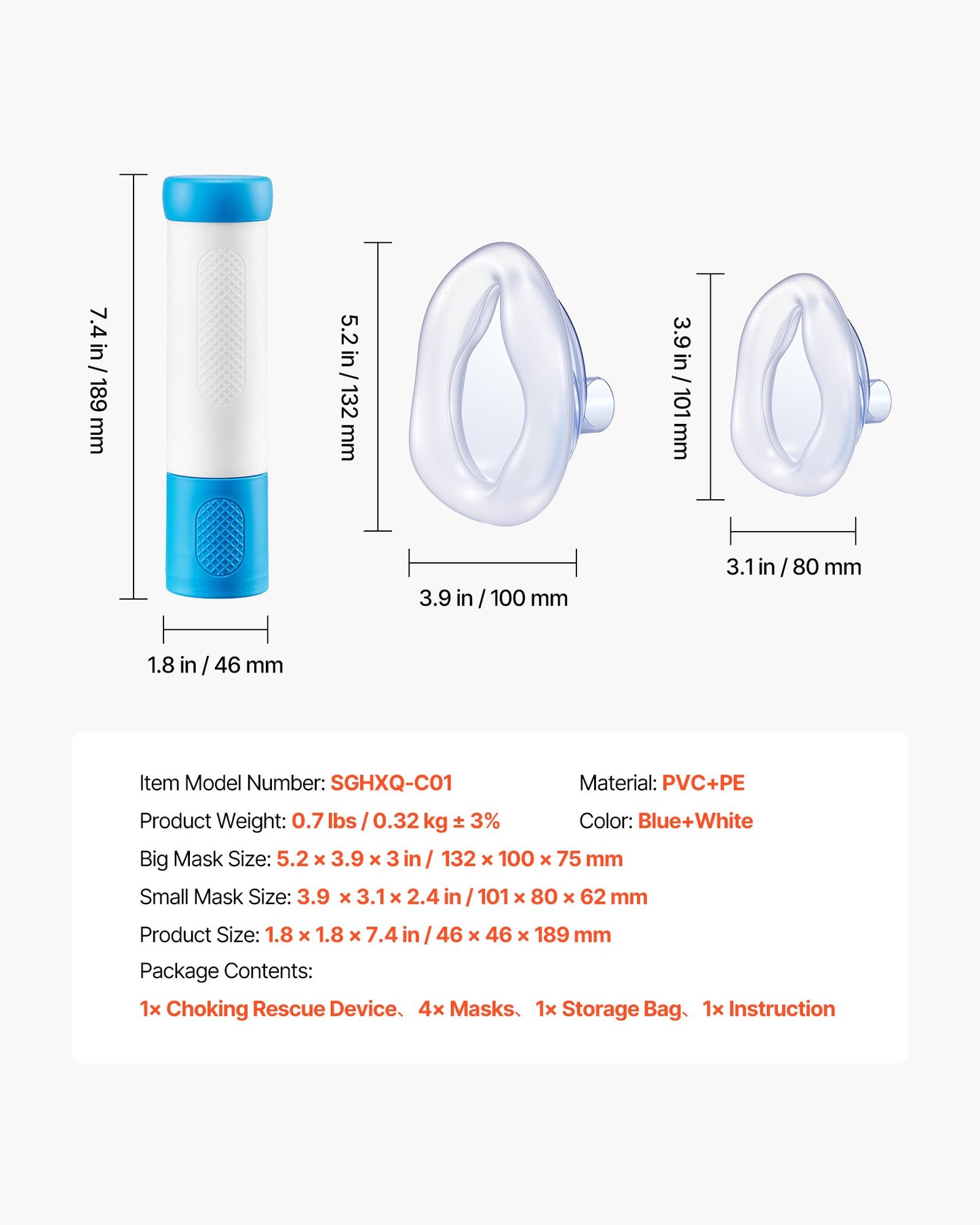 Choking Rescue Device, Portable Airway Clear Anti Choking Suction Device with 4 Multi-size Masks and 1 Storage Bag, First Aid Kit for Removing Blocked Objects, for Home, School, Travel