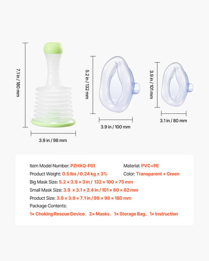 Choking Rescue Device, Portable Airway Clear Anti Choking Suction Device with 2 Multi-size Masks and 1 Storage Bag, First Aid Kit for Removing Blocked Objects, for Home, School, Travel