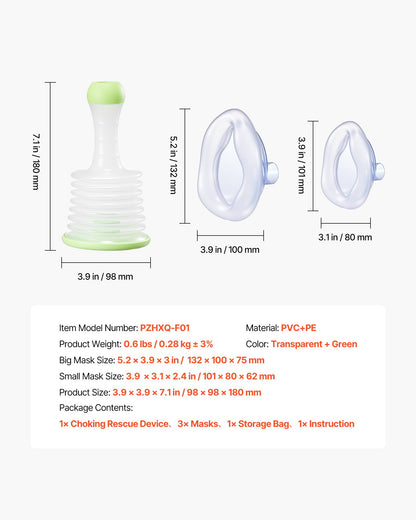 Choking Rescue Device, Portable Airway Clear Anti Choking Suction Device with 3 Multi-size Masks and 1 Storage Bag, First Aid Kit for Removing Blocked Objects, for Home, School, Travel