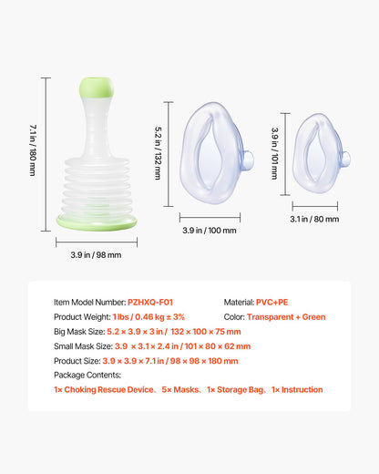 Choking Rescue Device, Portable Airway Clear Anti Choking Suction Device with 5 Multi-size Masks and 1 Storage Bag, First Aid Kit for Removing Blocked Objects, for Home, School, Travel