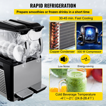 110V Slushy Machine 20L Double Bowl Margarita Frozen Drink Maker 900W Automatic Clean Day and Night Modes for Supermarkets Cafes Restaurants Snack Bars Commercial Use