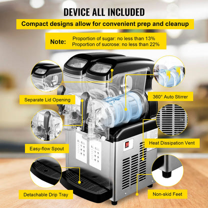 110V Slushy Machine 20L Double Bowl Margarita Frozen Drink Maker 900W Automatic Clean Day and Night Modes for Supermarkets Cafes Restaurants Snack Bars Commercial Use