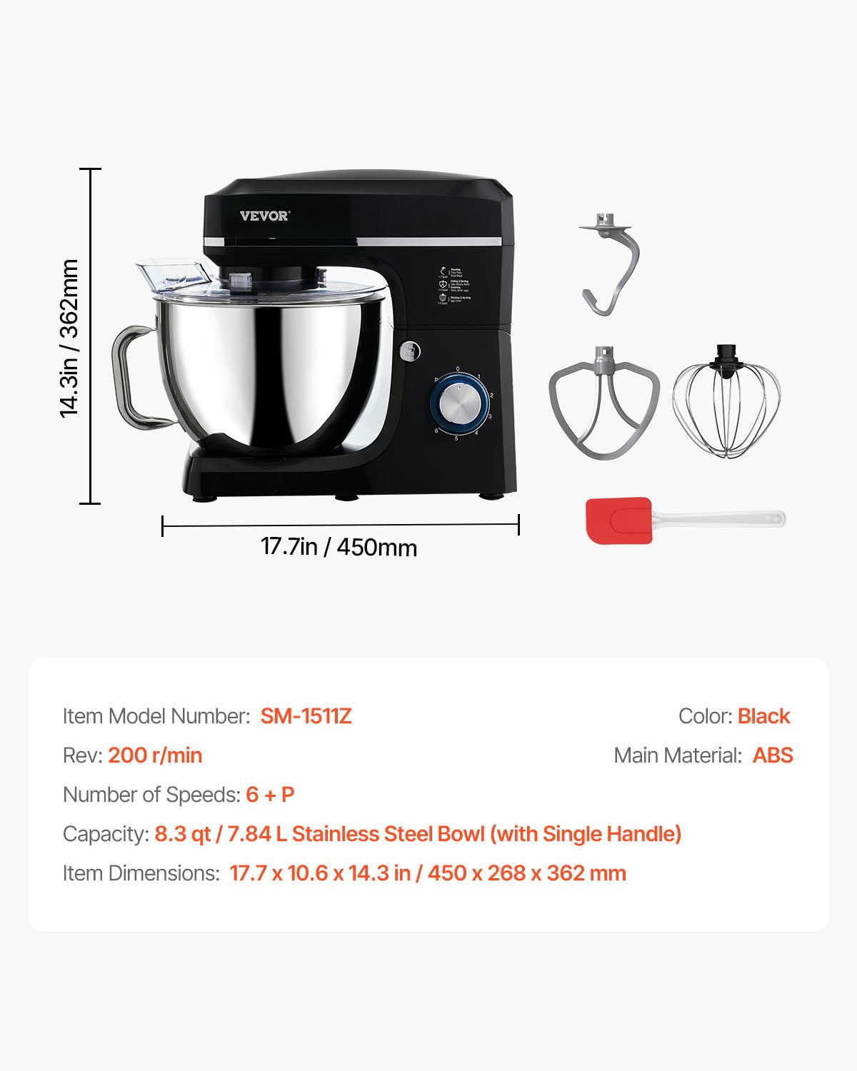 Stand Mixer 8.3 QT Electric Dough Mixer 1400W 6 + P Speeds Food Whisk