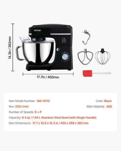 Stand Mixer 8.3 QT Electric Dough Mixer 1400W 6 + P Speeds Food Whisk