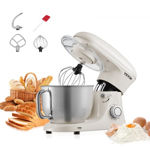 Stand Mixer, 6 QT Dough Mixer, 660W 6 + P Speeds Tilt-head Food Mixer with Stainless Steel Bowl, Dough Hook, Wire Whip, Flat Beater, Scraper, Household Stand Mixer for Baking & Mixing, White