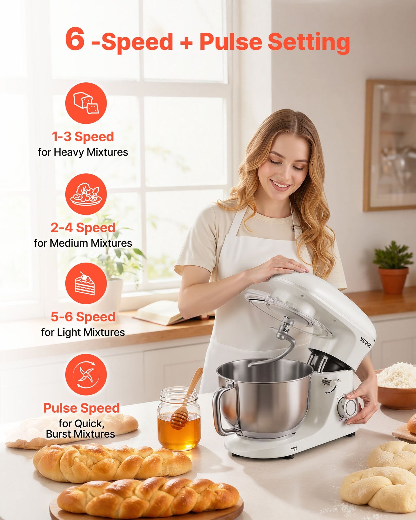 Stand Mixer, 6 QT Dough Mixer, 660W 6 + P Speeds Tilt-head Food Mixer with Stainless Steel Bowl, Dough Hook, Wire Whip, Flat Beater, Scraper, Household Stand Mixer for Baking & Mixing, White