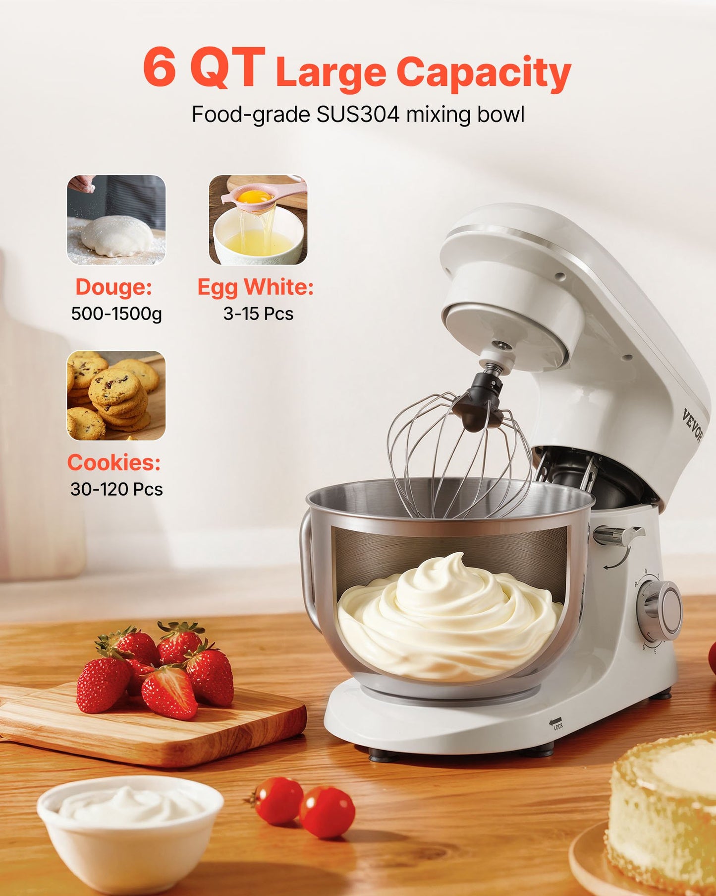 Stand Mixer, 6 QT Dough Mixer, 660W 6 + P Speeds Tilt-head Food Mixer with Stainless Steel Bowl, Dough Hook, Wire Whip, Flat Beater, Scraper, Household Stand Mixer for Baking & Mixing, White