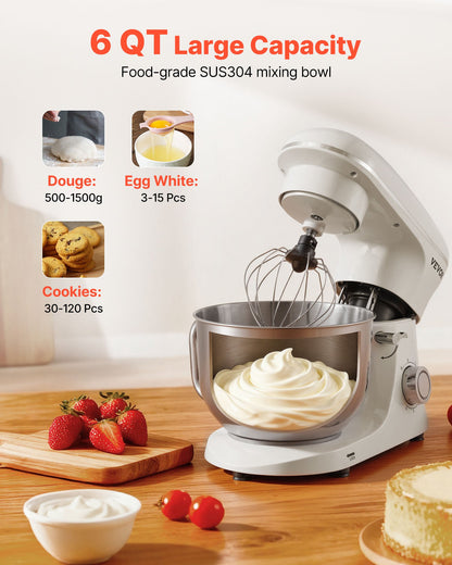 Stand Mixer, 6 QT Dough Mixer, 660W 6 + P Speeds Tilt-head Food Mixer with Stainless Steel Bowl, Dough Hook, Wire Whip, Flat Beater, Scraper, Household Stand Mixer for Baking & Mixing, White