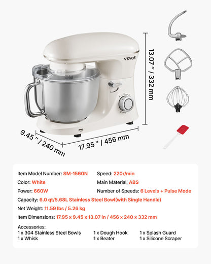 Stand Mixer, 6 QT Dough Mixer, 660W 6 + P Speeds Tilt-head Food Mixer with Stainless Steel Bowl, Dough Hook, Wire Whip, Flat Beater, Scraper, Household Stand Mixer for Baking & Mixing, White