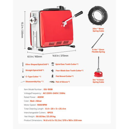 Avloppsrensningsmaskin, 400W 1400 RPM elektrisk rörrensningsmaskin för avlopp med slang och 20m x 16mm, 5m x 9.5mm och 0.4m x 12mm stålfjädervajer och 6 avbitartänger, passar rör med 50-110 mm diameter |  EU