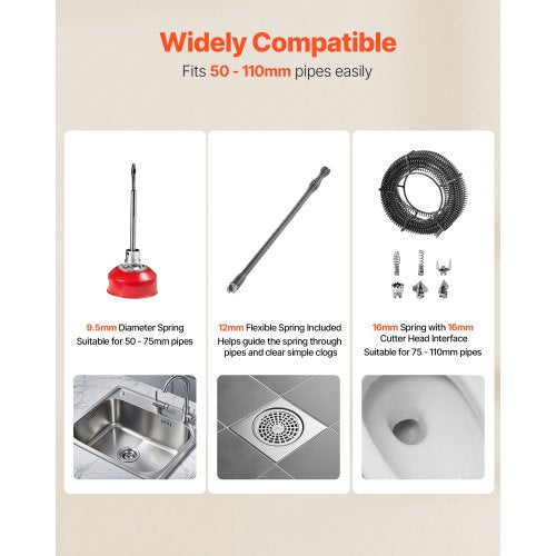 Avloppsrensningsmaskin, 500W 1400 RPM elektrisk rörrengöringsmaskin för avloppsrör med 40m x 16mm, 5m x 9.5mm & 0.4m x 12mm stålfjädervajer och 6 avbitartänger, passar rör med 50-110 mm diameter |  EU