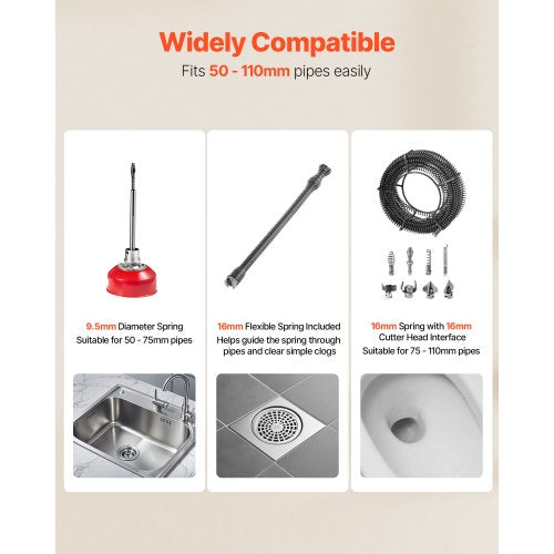 Avloppsrensningsmaskin, 500W 1400 RPM elektrisk rörrensningsmaskin för avlopp med slang och 20m x 16mm, 5m x 9,5mm och 0,4m x 16mm stålfjädervajer och 8 avbitartänger, passar rör med 50-110 mm diameter |  EU