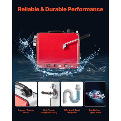 Avloppsrensningsmaskin, 500W 1400 RPM elektrisk rörrensningsmaskin för avlopp med slang och 20m x 16mm, 5m x 9,5mm och 0,4m x 16mm stålfjädervajer och 8 avbitartänger, passar rör med 50-110 mm diameter |  EU