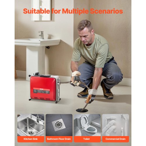 Avloppsrensningsmaskin, 500W 1400 RPM elektrisk rörrensningsmaskin för avlopp med slang och 20m x 16mm, 5m x 9,5mm och 0,4m x 16mm stålfjädervajer och 8 avbitartänger, passar rör med 50-110 mm diameter |  EU