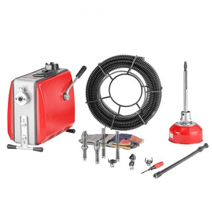 Avloppsrensningsmaskin, 500W 1400 RPM elektrisk rörrensningsmaskin för avlopp med slang och 20m x 16mm, 5m x 9,5mm och 0,4m x 16mm stålfjädervajer och 8 avbitartänger, passar rör med 50-110 mm diameter |  EU