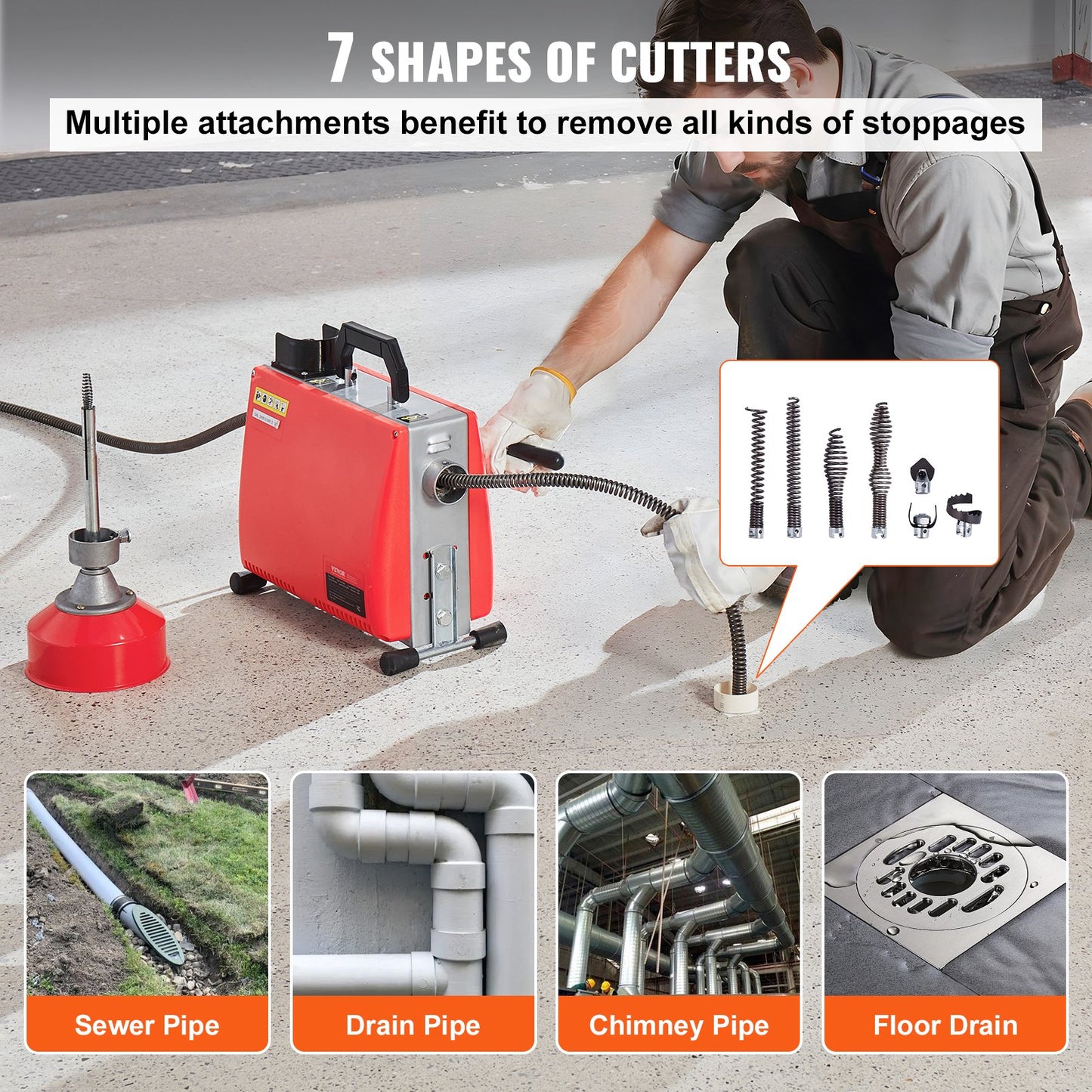 66FT x 5/8 Inch Drain Cleaner Machine, 250W Electric Sewer Snake Auger Manual Feed - with 7 Cutters, 2 Steel Cables (66' x 5/8" and 15' x 3/8")& CW/CCW Control for 1.6" to 4" Pipes