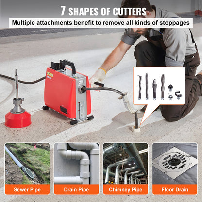 66FT x 5/8 Inch Drain Cleaner Machine, 250W Electric Sewer Snake Auger Manual Feed - with 7 Cutters, 2 Steel Cables (66' x 5/8" and 15' x 3/8")& CW/CCW Control for 1.6" to 4" Pipes