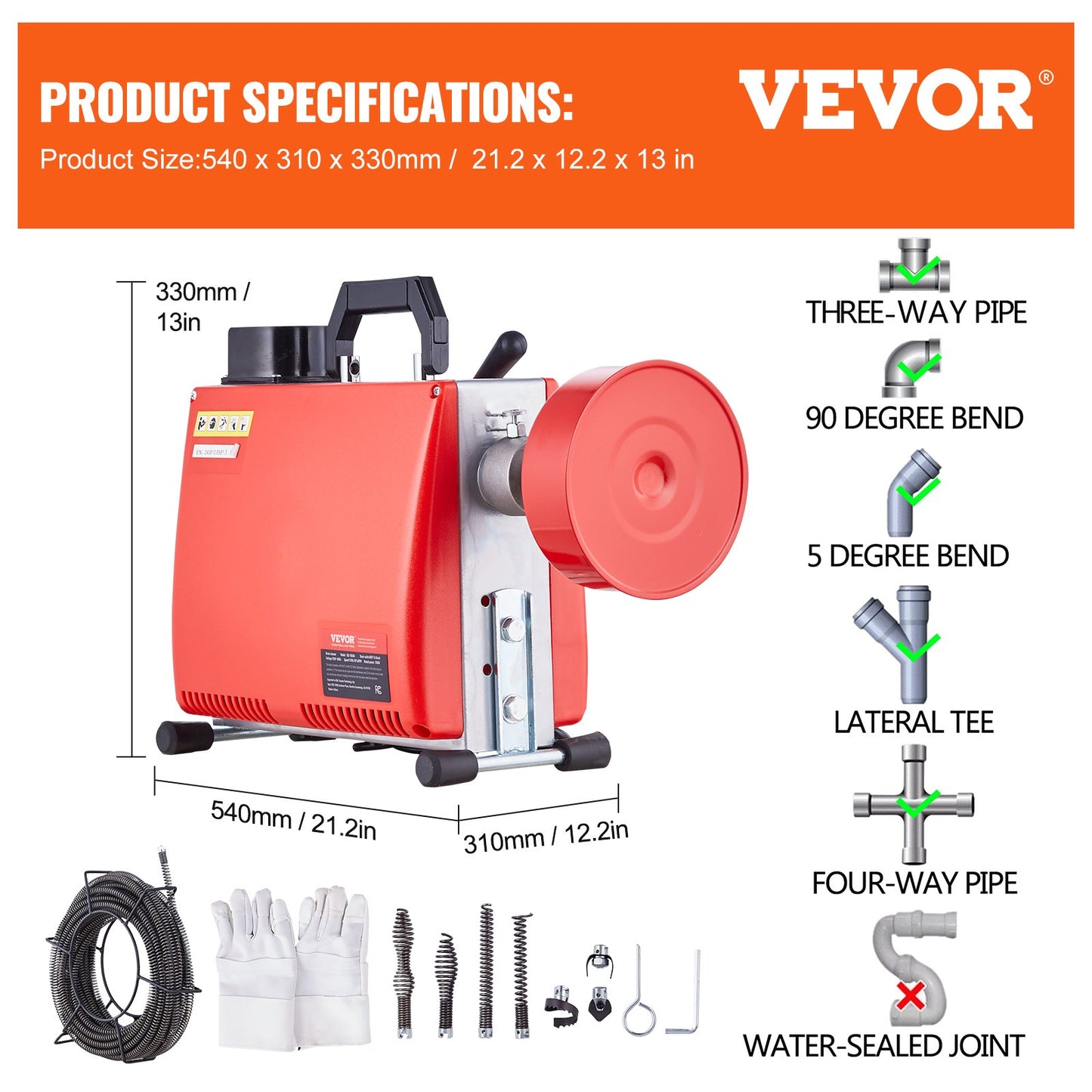 66FT x 5/8 Inch Drain Cleaner Machine, 250W Electric Sewer Snake Auger Manual Feed - with 7 Cutters, 2 Steel Cables (66' x 5/8" and 15' x 3/8")& CW/CCW Control for 1.6" to 4" Pipes