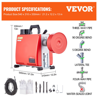 66FT x 5/8 Inch Drain Cleaner Machine, 250W Electric Sewer Snake Auger Manual Feed - with 7 Cutters, 2 Steel Cables (66' x 5/8" and 15' x 3/8")& CW/CCW Control for 1.6" to 4" Pipes