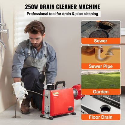 Sewer Cleaning Machine 66FT x 5/8" 250W Sewer Snake Auger Manual Feed | EU