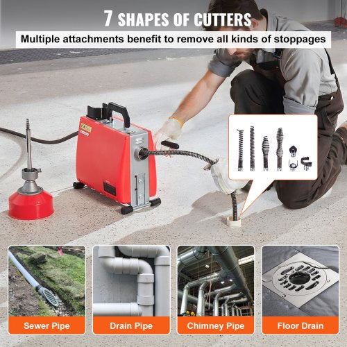 Sewer Cleaning Machine 66FT x 5/8" 250W Sewer Snake Auger Manual Feed | EU