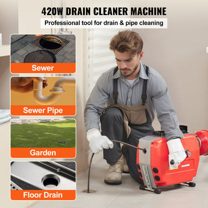 Sewer Cleaning Machine 120FT x 7/8" 420W Sewer Snake Auger Manual Feed