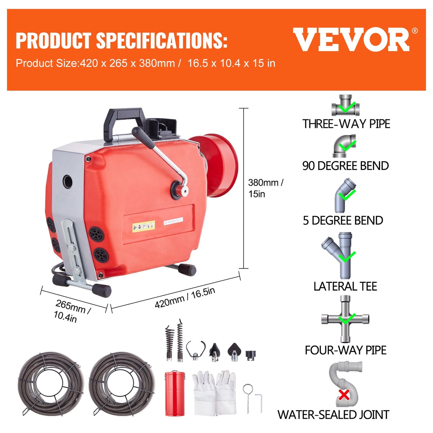 Sewer Cleaning Machine 120FT x 7/8" 420W Sewer Snake Auger Manual Feed