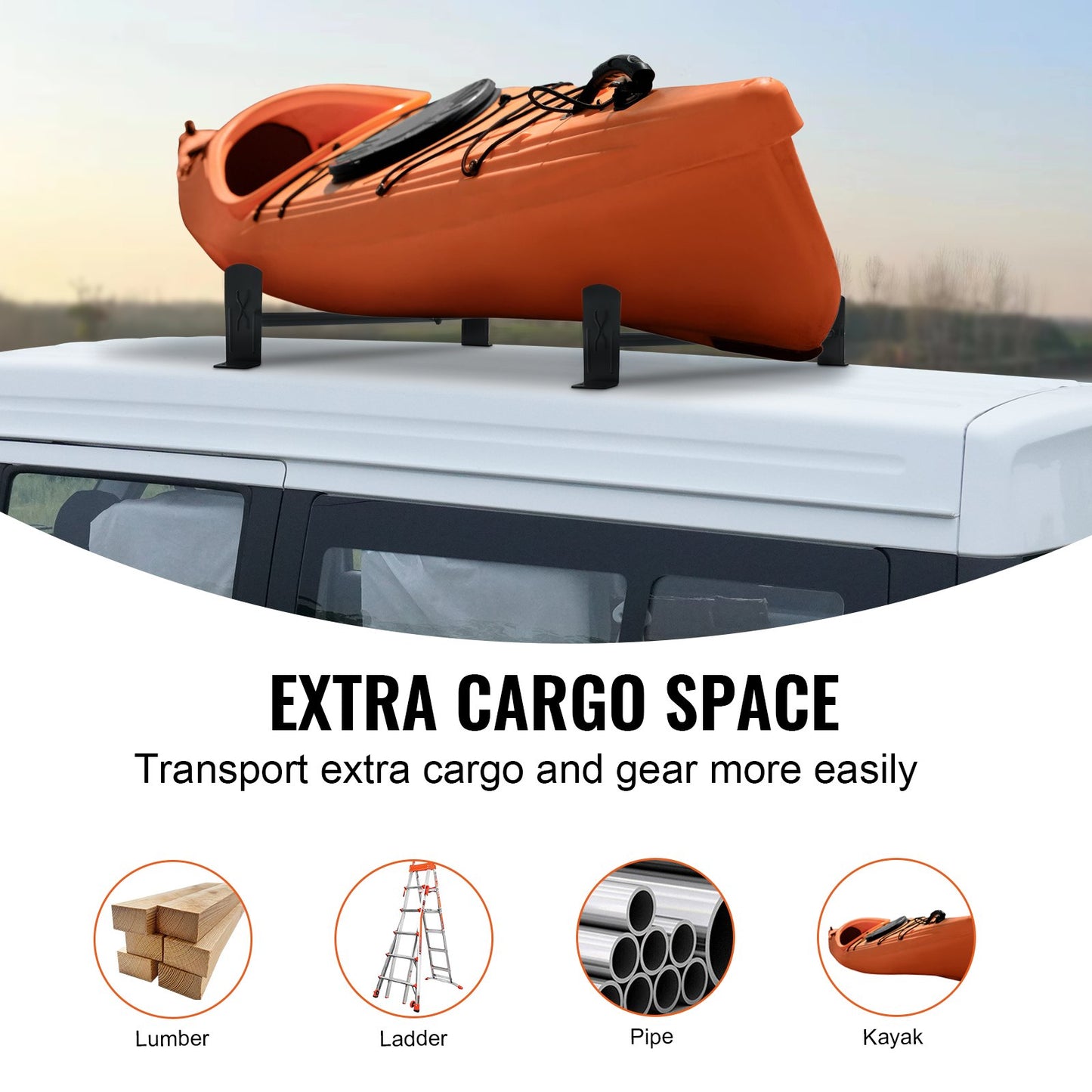 Dachgepäckträger für Transporter, Dachgepäckträger aus legiertem Stahl mit 2 Stangen, 227 kg Tragkraft, Regenrinnen-Dachgepäckträger, einstellbare Länge 910–1460 mm, Transporter-Leiterträger kompatibel mit Chevrolet Express, GMC Savana usw.