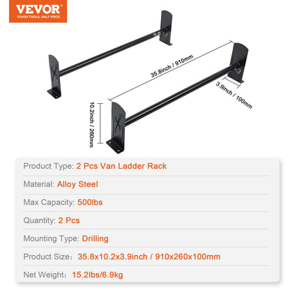 Van Roof Ladder Rack, 2 Bars Alloy Steel Roof Racks, 500 LBS Capacity Roof Rack, Adjustable Length 35.8"-52.4", Van Ladder Rack Compatible with Chevrolet Express, GMC Savana, etc, Drilling Mount
