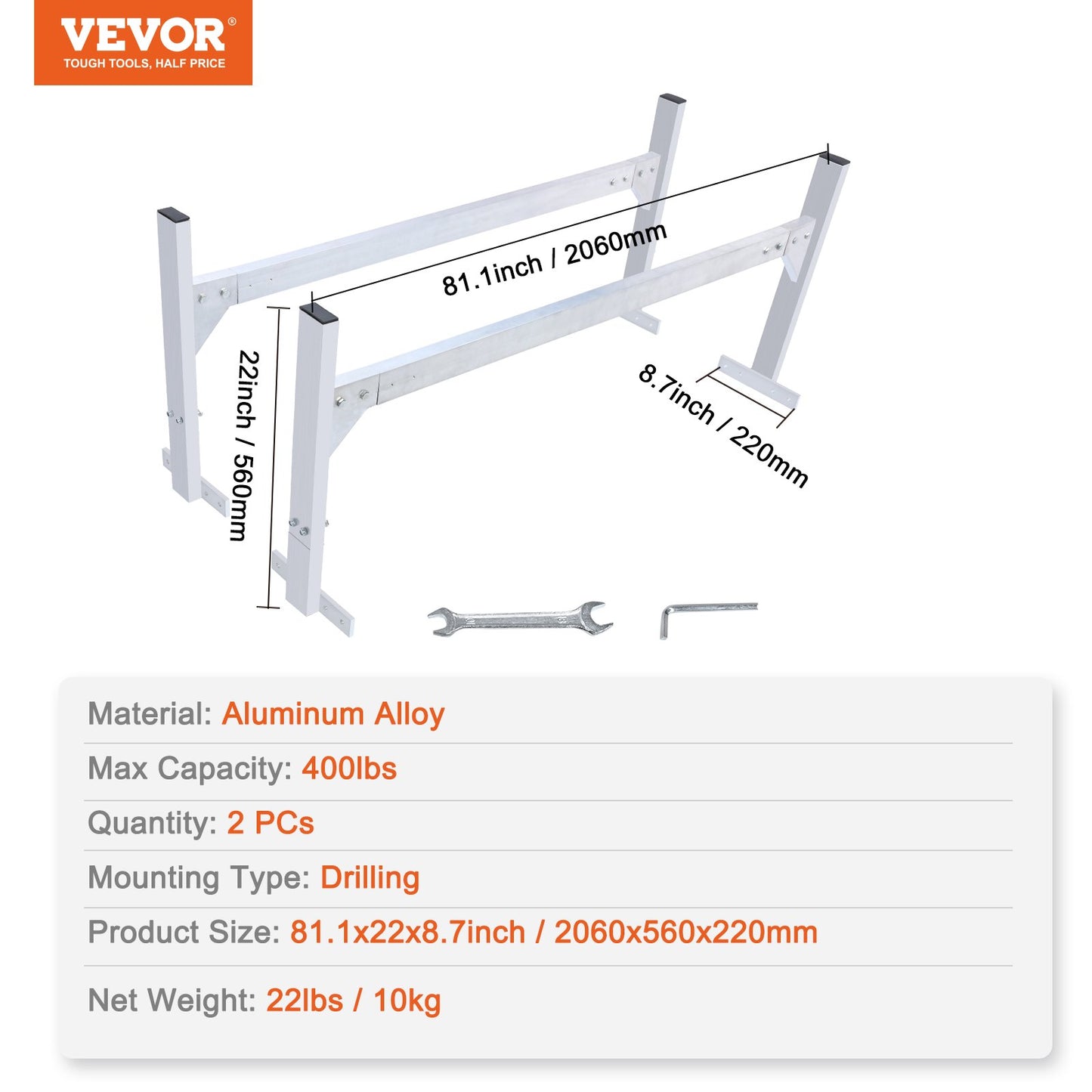 Van Roof Ladder Rack, 2 Bars Aluminum Alloy Roof Ladder Racks, 400 LBS Capacity Rain-Gutter Van Roof Rack, Adjustable Length 51.2" to 81.1", Van Ladder Rack for Van, Cargo, Trailer