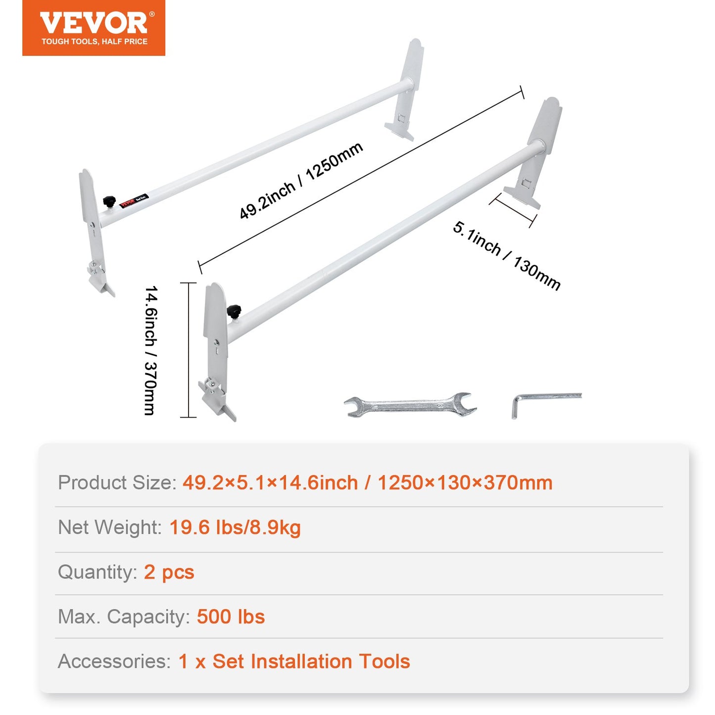 Van Roof Ladder Rack, 2 Bar Alloy Steel Ladder Racks, Adjustable from 47.2"-78.7", 500 lbs Capacity, Roof Rack Compatible with Full-size Vans with Rain Gutter, Chevrolet Express, GMC Savana, etc