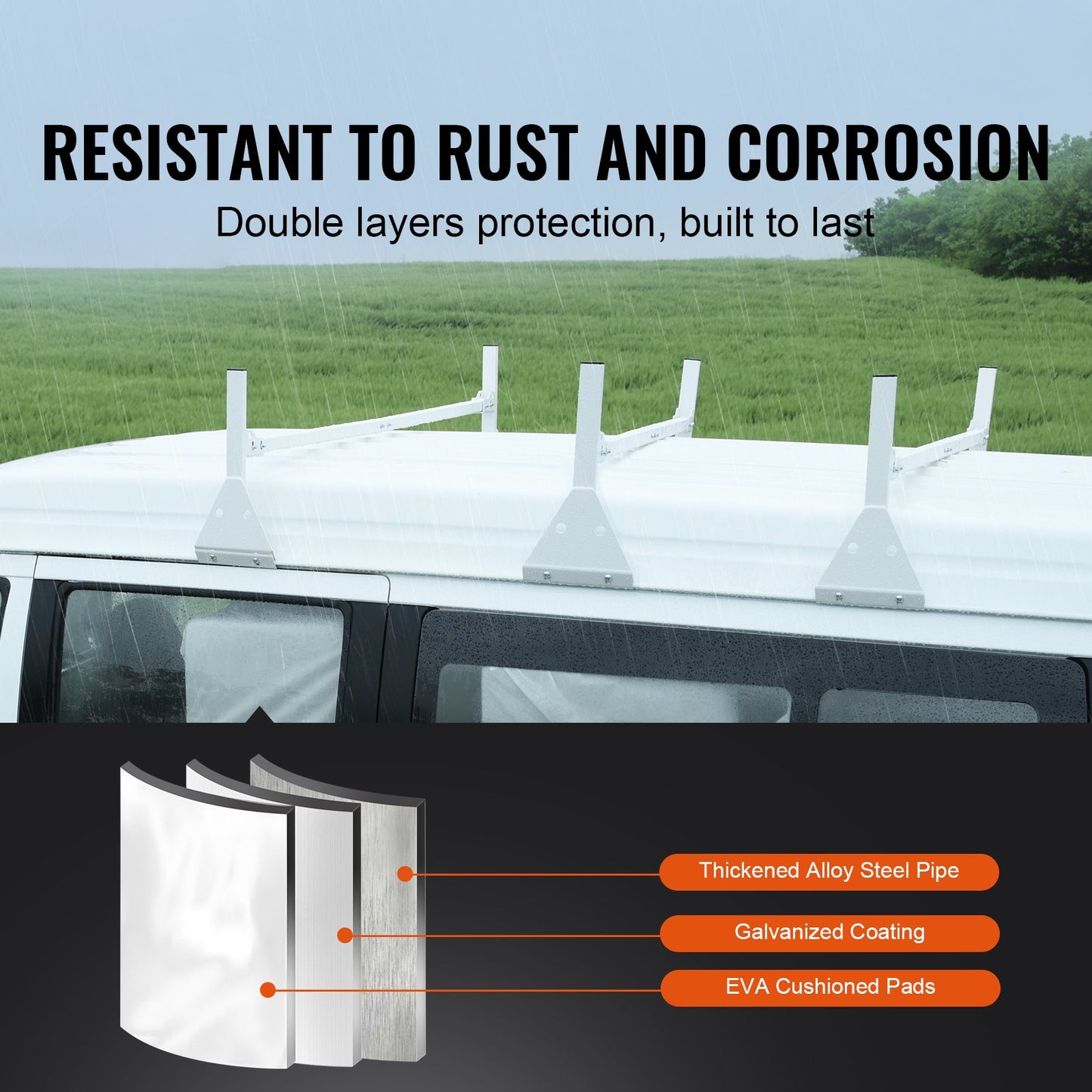 Dachgepäckträger für Lieferwagen, 3-Stangen-Trittträger aus legiertem Stahl mit Trittstoppern, 340 kg Tragkraft, verstellbarer Dachgepäckträger für Lieferwagen in voller Größe mit Regenrinnen, kompatibel mit Chevrolet Express usw.