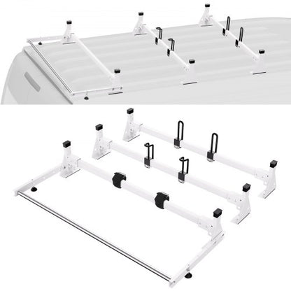 Trailer Ladder Rack, 54" 3 Crossbars Ladder Roof Rack, Heavy-duty Steel Van Roof Rack, 800 lbs Capacity Van Ladder Rack with Cargo Roller and Straps, Fit for Ford Transit 150 250 350, 2015-2022