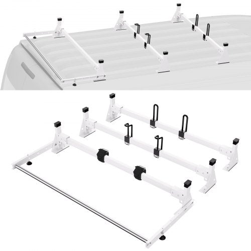 Trailer Ladder Rack, 54" 3 Crossbars Ladder Roof Rack, Heavy-duty Steel Van Roof Rack, 800 lbs Capacity Van Ladder Rack with Cargo Roller and Straps, Fit for Ford Transit 150 250 350, 2015-2022
