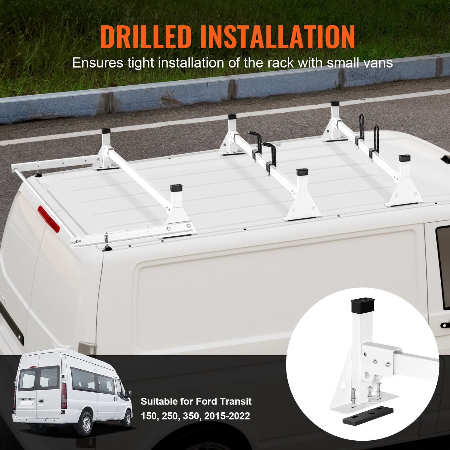 Trailer Ladder Rack, 54" 3 Crossbars Ladder Roof Rack, Heavy-duty Steel Van Roof Rack, 800 lbs Capacity Van Ladder Rack with Cargo Roller and Straps, Fit for Ford Transit 150 250 350, 2015-2022