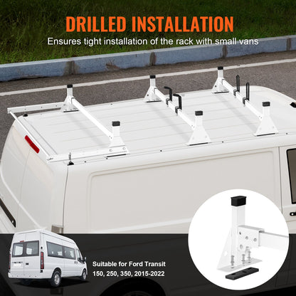 Trailer Ladder Rack, 54" 3 Crossbars Ladder Roof Rack, Heavy-duty Steel Van Roof Rack, 800 lbs Capacity Van Ladder Rack with Cargo Roller and Straps, Fit for Ford Transit 150 250 350, 2015-2022