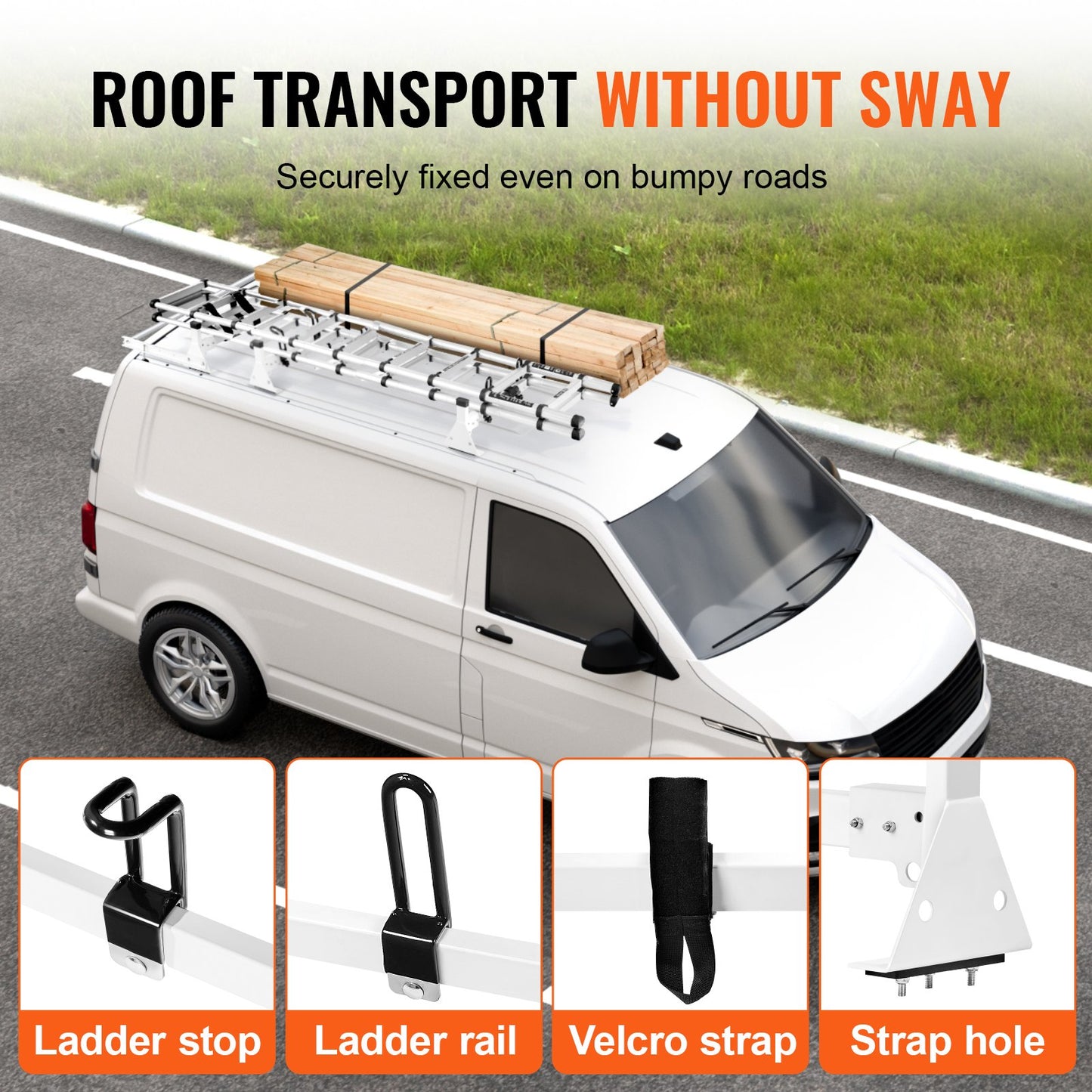 Trailer Ladder Rack, 54" 3 Crossbars Ladder Roof Rack, Heavy-duty Steel Van Roof Rack, 800 lbs Capacity Van Ladder Rack with Cargo Roller and Straps, Fit for Ford Transit 150 250 350, 2015-2022