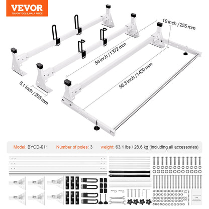 Trailer Ladder Rack, 54" 3 Crossbars Ladder Roof Rack, Heavy-duty Steel Van Roof Rack, 800 lbs Capacity Van Ladder Rack with Cargo Roller and Straps, Fit for Ford Transit 150 250 350, 2015-2022