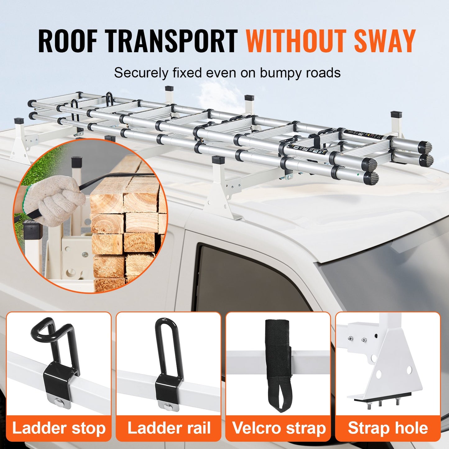 Trailer Ladder Rack, 54" 3 Crossbars Ladder Roof Rack, Heavy-duty Steel Van Roof Ladder Rack, 800 lbs Capacity Van Ladder Rack with Straps, Fit for Ford Transit 150, 250, 350, 2015-2022