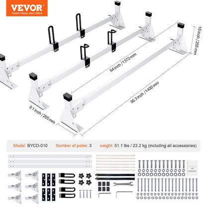 Trailer Ladder Rack, 54" 3 Crossbars Ladder Roof Rack, Heavy-duty Steel Van Roof Ladder Rack, 800 lbs Capacity Van Ladder Rack with Straps, Fit for Ford Transit 150, 250, 350, 2015-2022