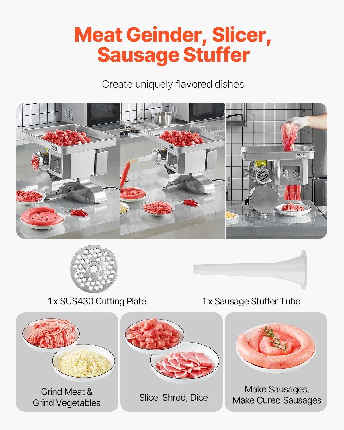 Commercial Electric Meat Grinder Slicer 11 lbs/min Sausage Stuffer