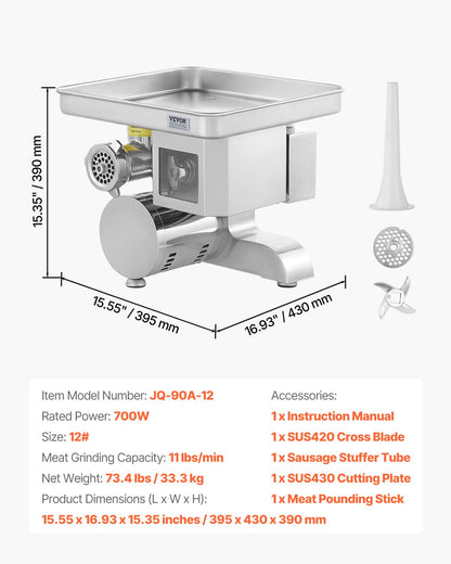 Commercial Electric Meat Grinder Slicer 11 lbs/min Sausage Stuffer