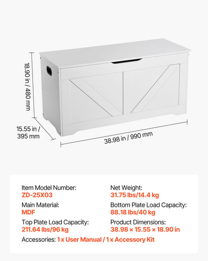 Kids Storage Bench, Wooden Toy Box Chest, Large Storage Cabinet with Safety Hinge, Toddlers Storage Bench for Playroom, Living Room or Entryway, Easy Assembly, 38.98 x 15.55 x 18.9 in, White