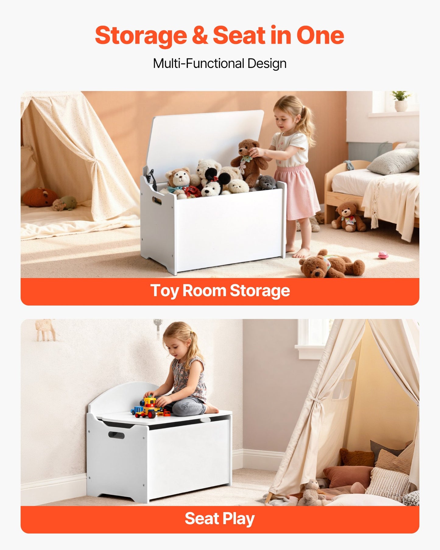 Kids Storage Bench, Wooden Toy Box Chest with Backrest, Large Storage Cabinet with Safety Hinge, Toddlers Storage Bench for Playroom, Living Room or Entryway, 23.5 x 14.5 x 21.46 in, White