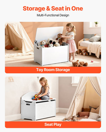 Kids Storage Bench, Wooden Toy Box Chest with Backrest, Large Storage Cabinet with Safety Hinge, Toddlers Storage Bench for Playroom, Living Room or Entryway, 23.5 x 14.5 x 21.46 in, White