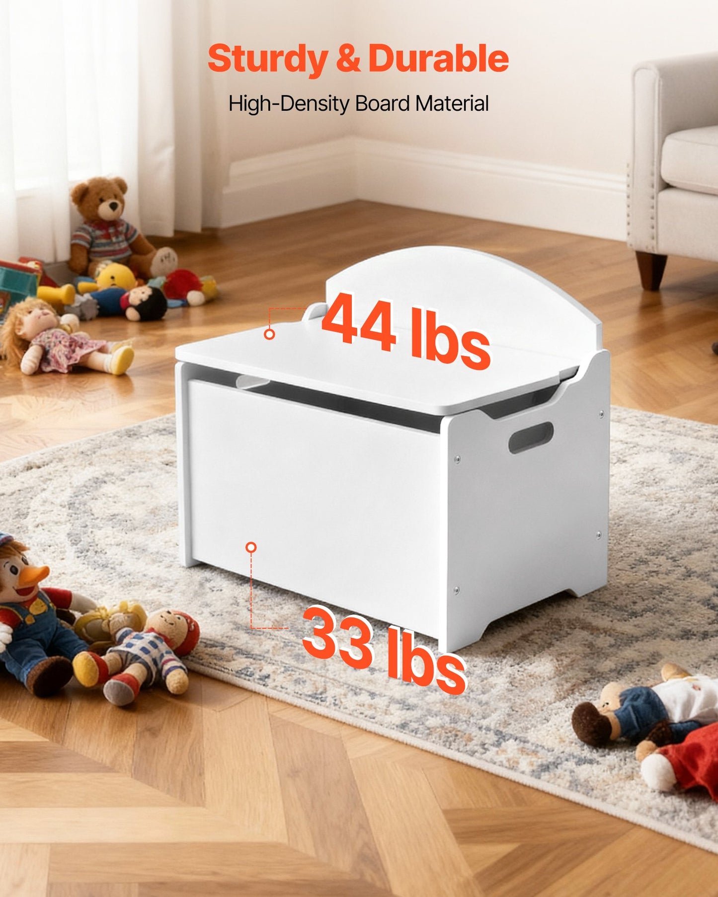 Kids Storage Bench, Wooden Toy Box Chest with Backrest, Large Storage Cabinet with Safety Hinge, Toddlers Storage Bench for Playroom, Living Room or Entryway, 23.5 x 14.5 x 21.46 in, White